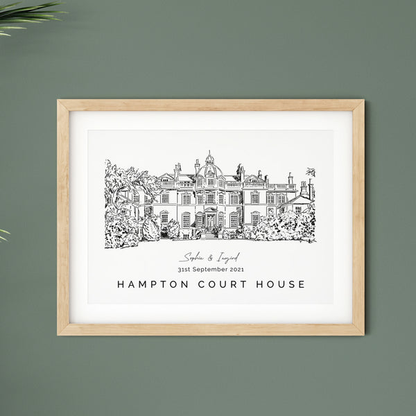 Personalised wedding venue illustration - Hampton court house - com Bossa
