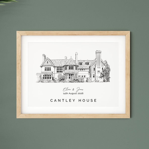 an illustration of Cantley House with the couples names and wedding date beneath it.