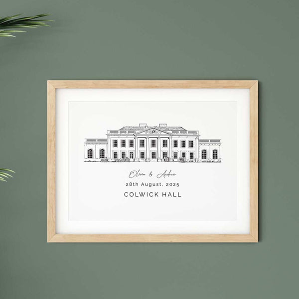 Colwick Hall, Personalised Wedding Venue Illustration Print.