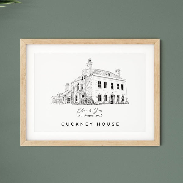 Cuckney House, Personalised Wedding Venue Illustration Print.