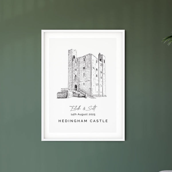 Hedingham Castle, Personalised Wedding Venue Illustration Print.