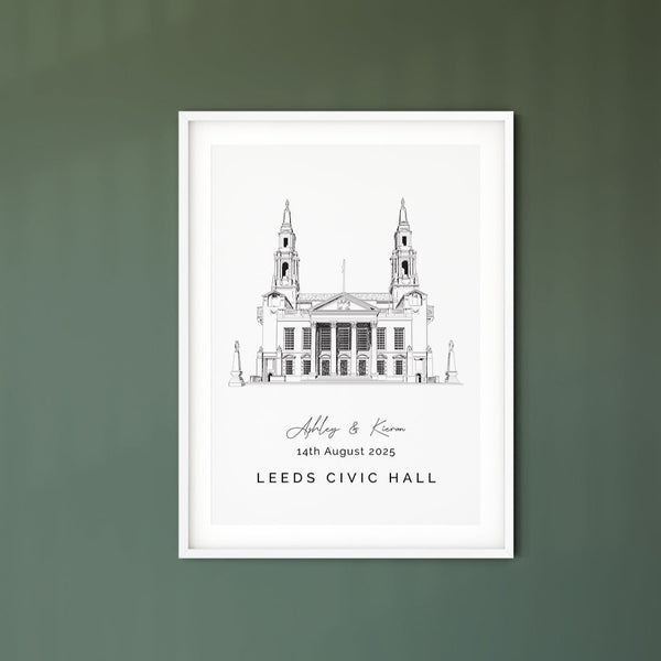 an illustration of Leeds Civic Hall wedding venue with the couples names and wedding date beneath the sketch.
