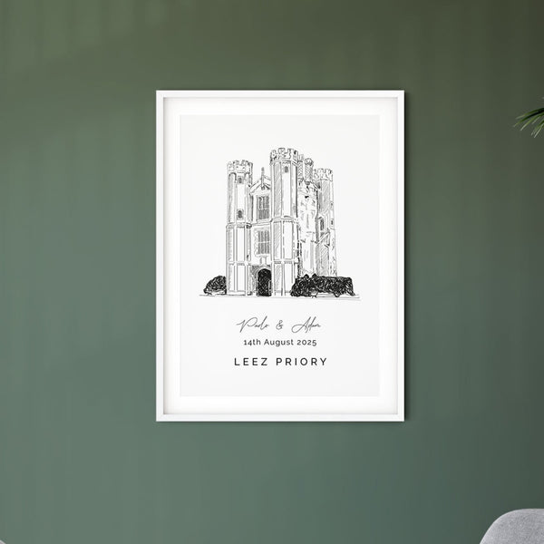 Leez Priory, Personalised Wedding Venue Illustration Print.