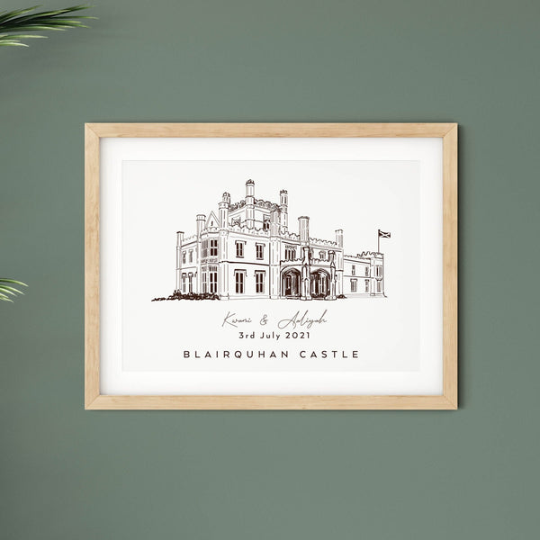 Blairquhan Castle, Personalised Wedding Venue Illustration Print.