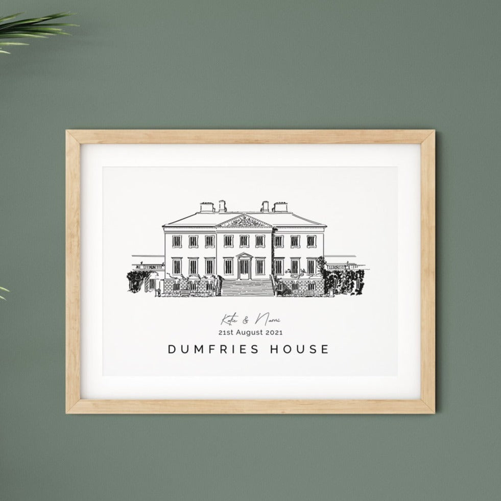 Dumfries House, Personalised Wedding Venue Illustration Print.