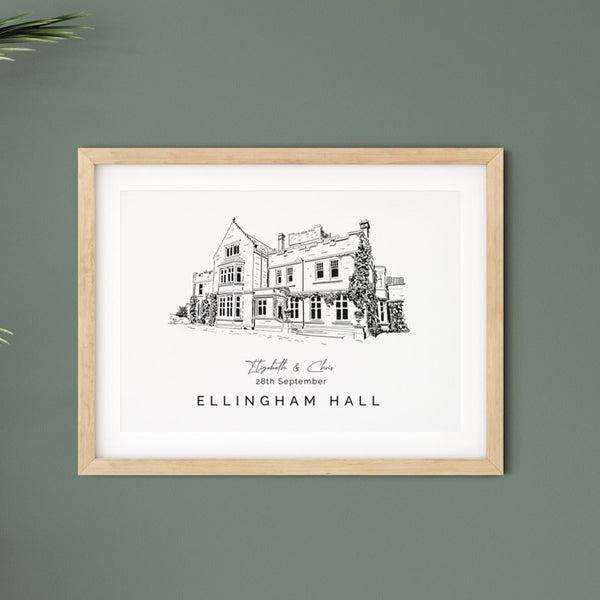 Ellingham Hall, Personalised Wedding Venue Illustration Print.