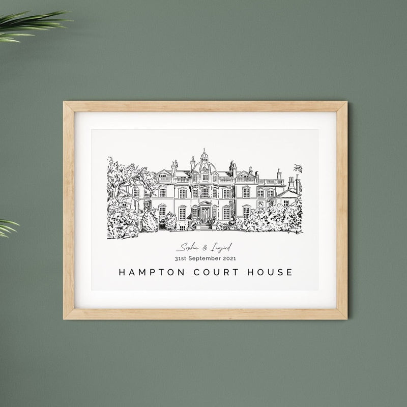 Hampton Court House, Personalised Wedding Venue Illustration Print.
