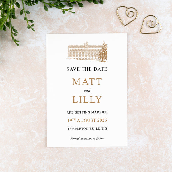 The Templeton Building, Save the Date Card, Wedding Venue Illustration