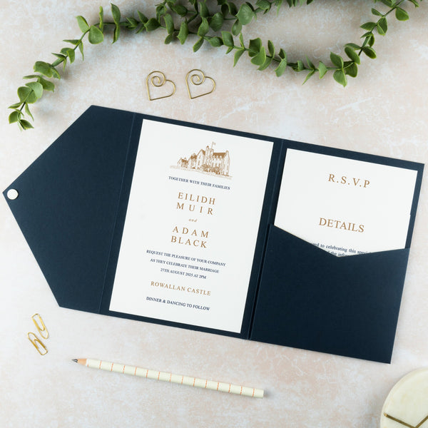 Rowallan Castle Pocketfold Wallet venue illustration wedding stationery collection