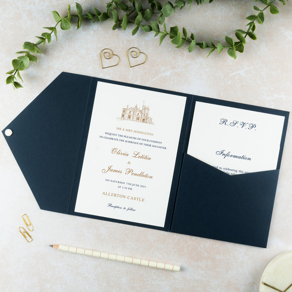 Venue illustration Allerton Castle navy blue pocketfold wedding invitation