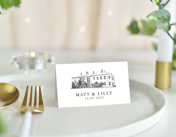 Lartington Hall, Wedding Place Card with Venue Illustration