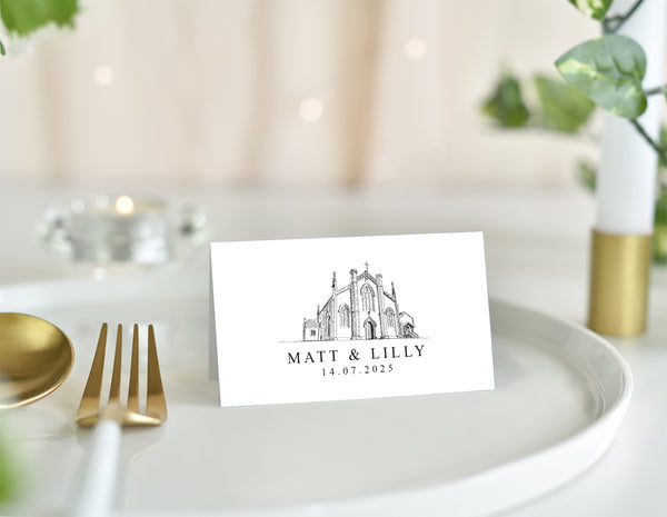 St. Margaret's Cathedral, Wedding Place Card with Venue Illustration