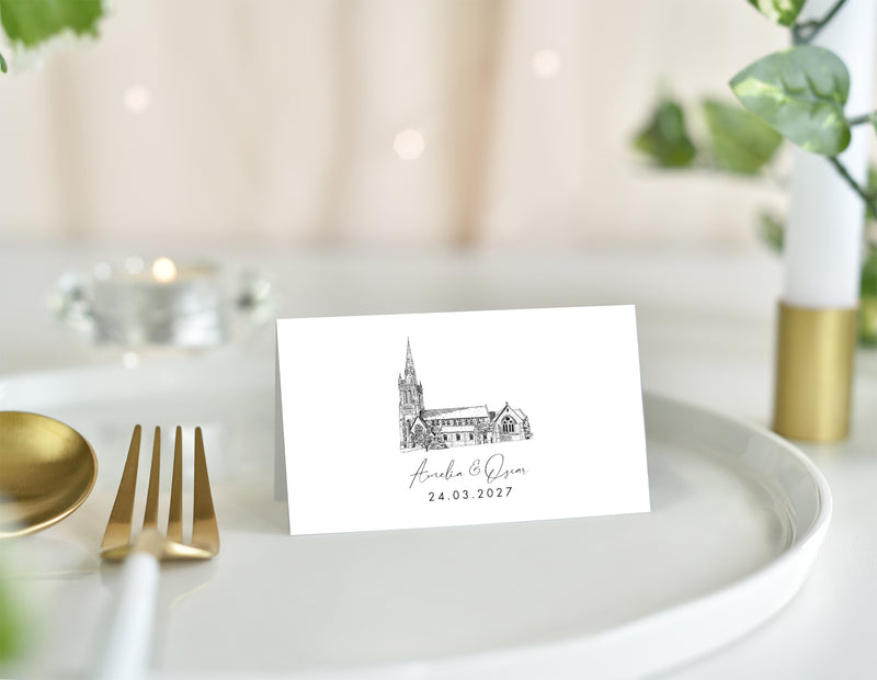 St. Peter's Church Bournemouth, Wedding Place Card with Venue Illustration