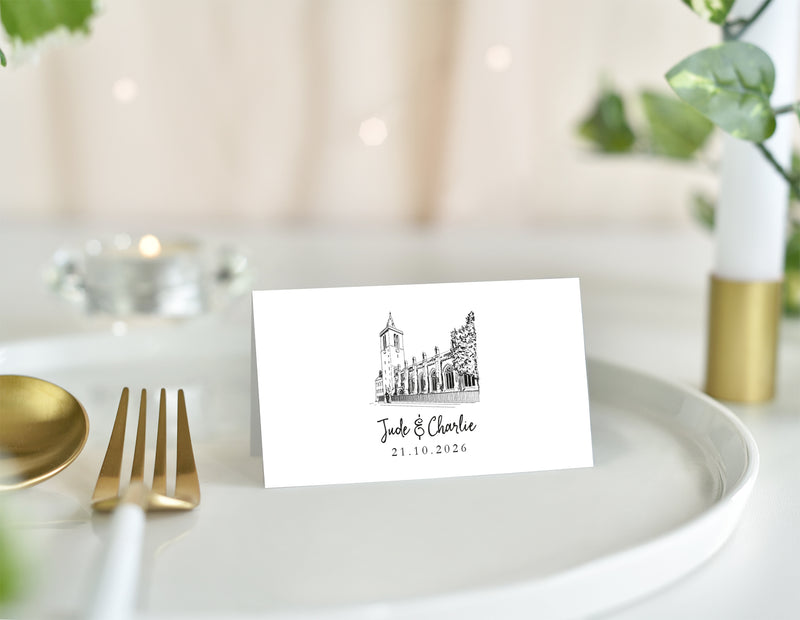 St. Salvatore's, Wedding Place Card with Venue Illustration