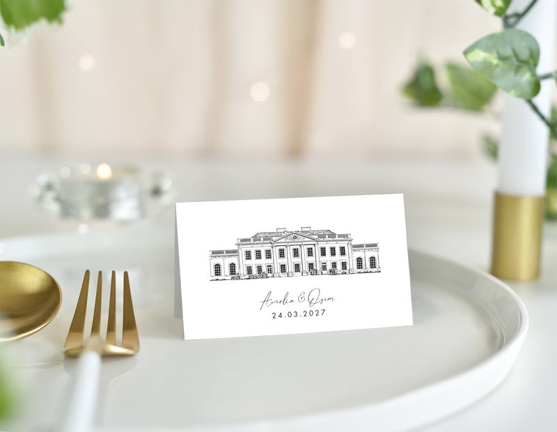 Colwick Hall, Wedding Place Card with Venue Illustration