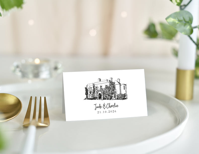 Woodland Manor, Wedding Place Card with Venue Illustration