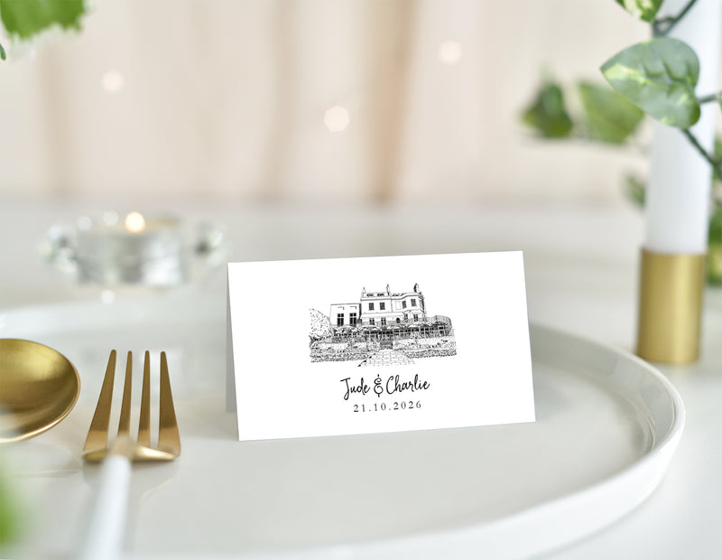 Bingham River House, Wedding Place Card with Venue Illustration