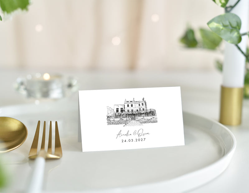 Bingham River House, Wedding Place Card with Venue Illustration