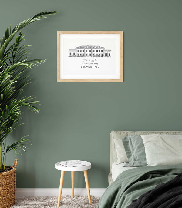 Colwick Hall, Personalised Wedding Venue Illustration Print.