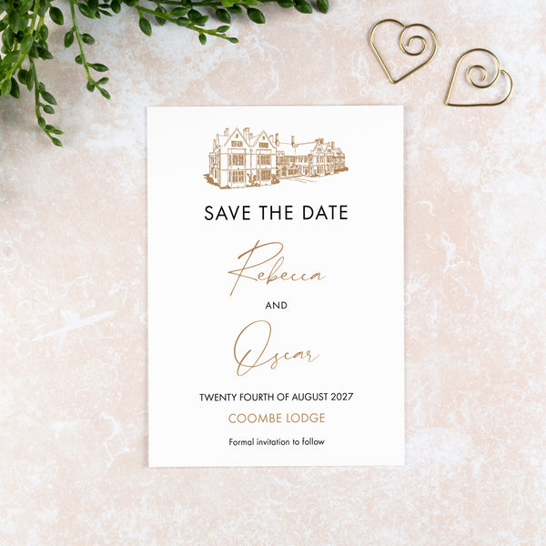 Coombe Lodge, Save the Date Card, Wedding Venue Illustration
