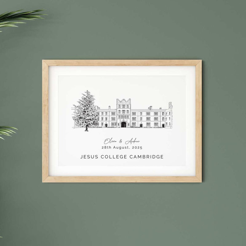 Jesus College, Cambridge, Personalised Wedding Venue Illustration Print.
