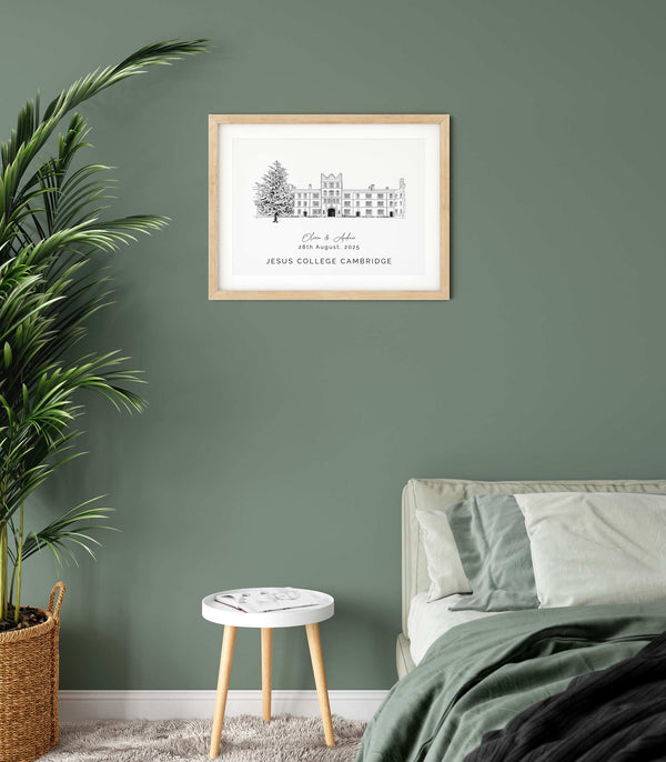 Jesus College, Cambridge, Personalised Wedding Venue Illustration Print.