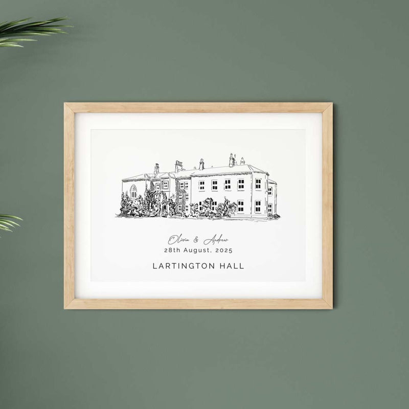 Lartington Hall, Personalised Wedding Venue Illustration Print.