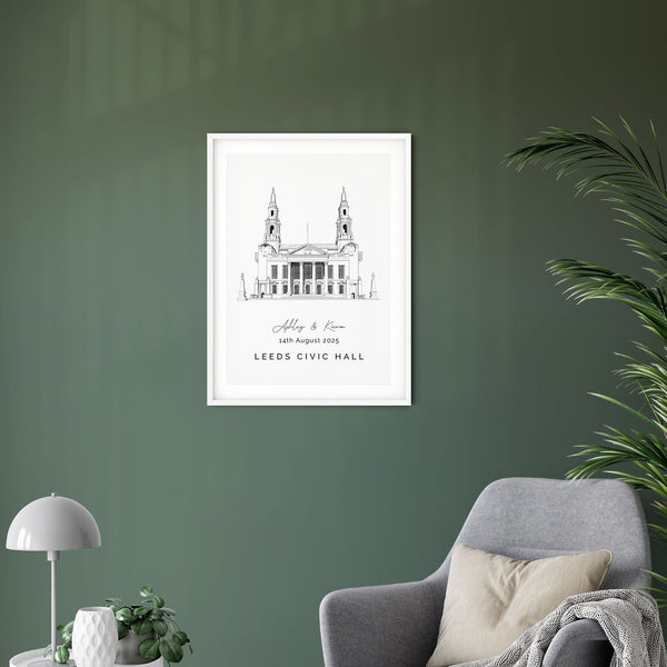 Leeds Civic Hall, Personalised Wedding Venue Illustration Print.