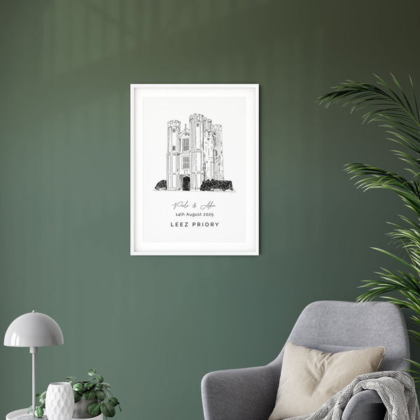 Leez Priory, Personalised Wedding Venue Illustration Print.