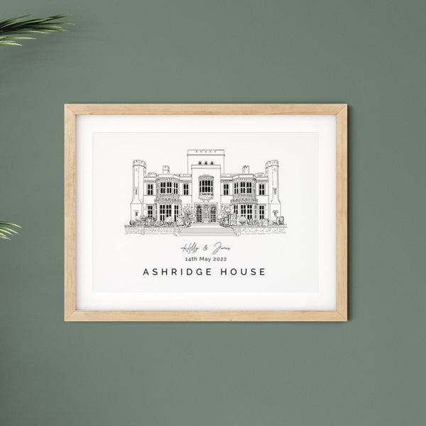 Ashridge House, Personalised Wedding Venue Illustration Print.