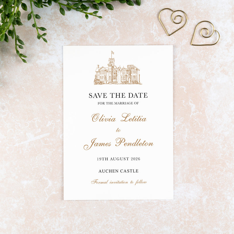 Auchen Castle, Save the Date Card, Wedding Venue Illustration