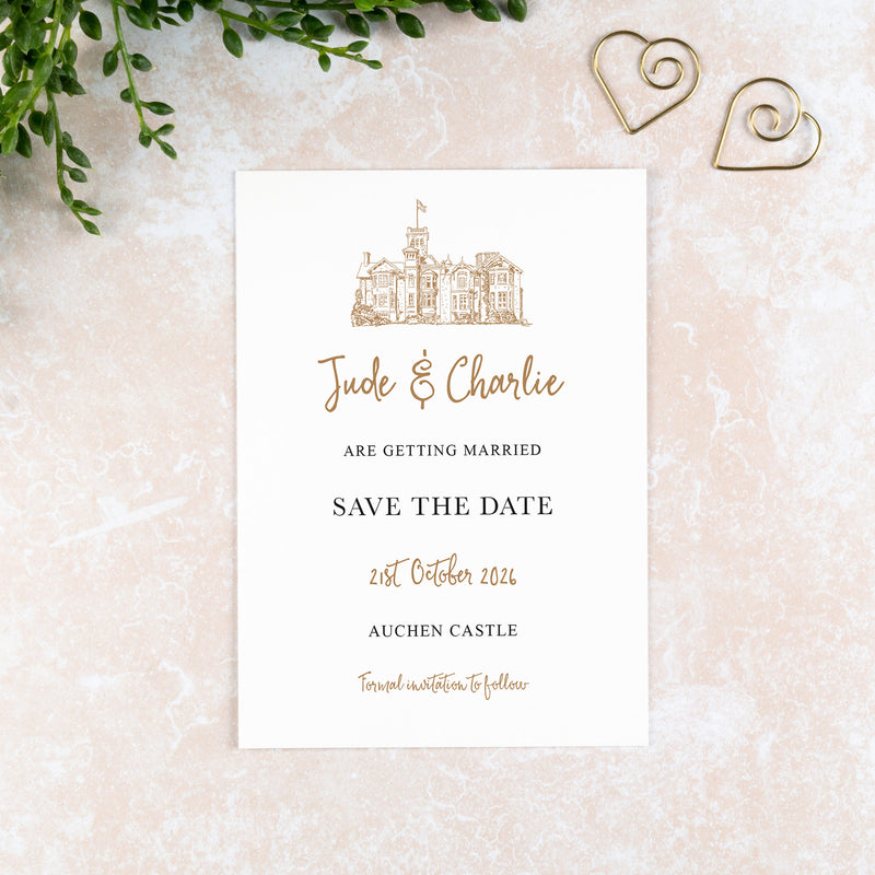Auchen Castle, Save the Date Card, Wedding Venue Illustration