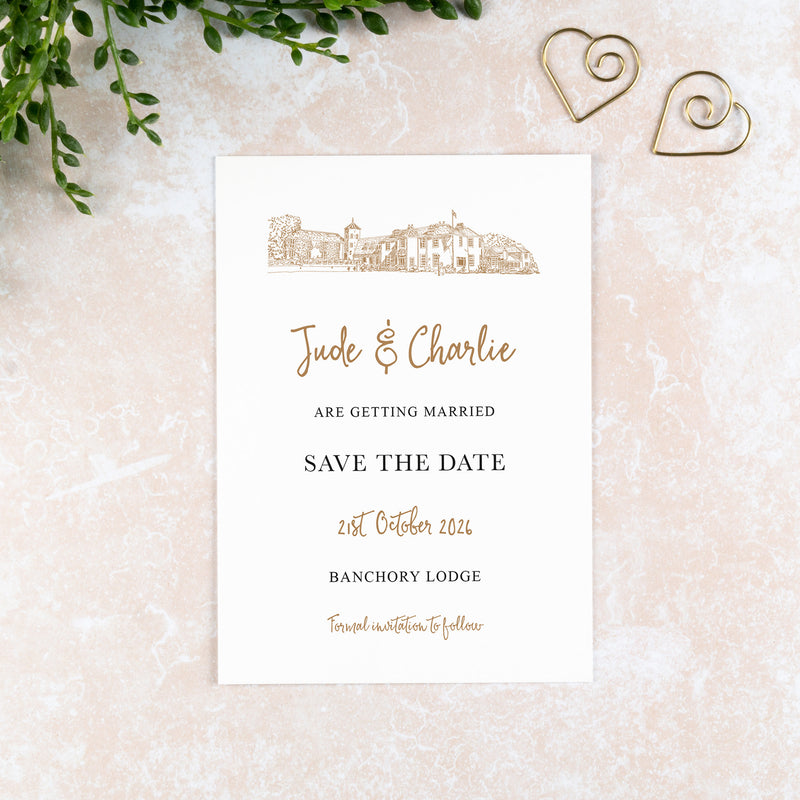 Banchory Lodge, Save the Date Card, Wedding Venue Illustration