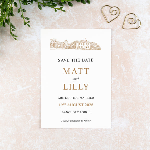 Banchory Lodge, Save the Date Card, Wedding Venue Illustration