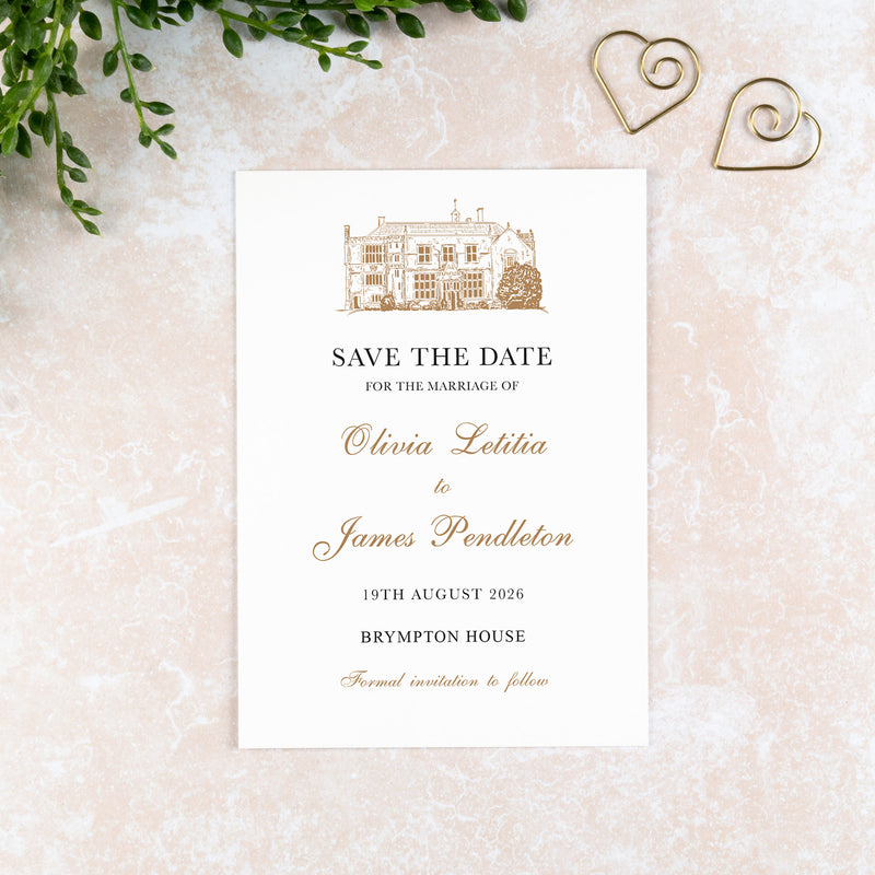 Brympton House, Save the Date Card, Wedding Venue Illustration