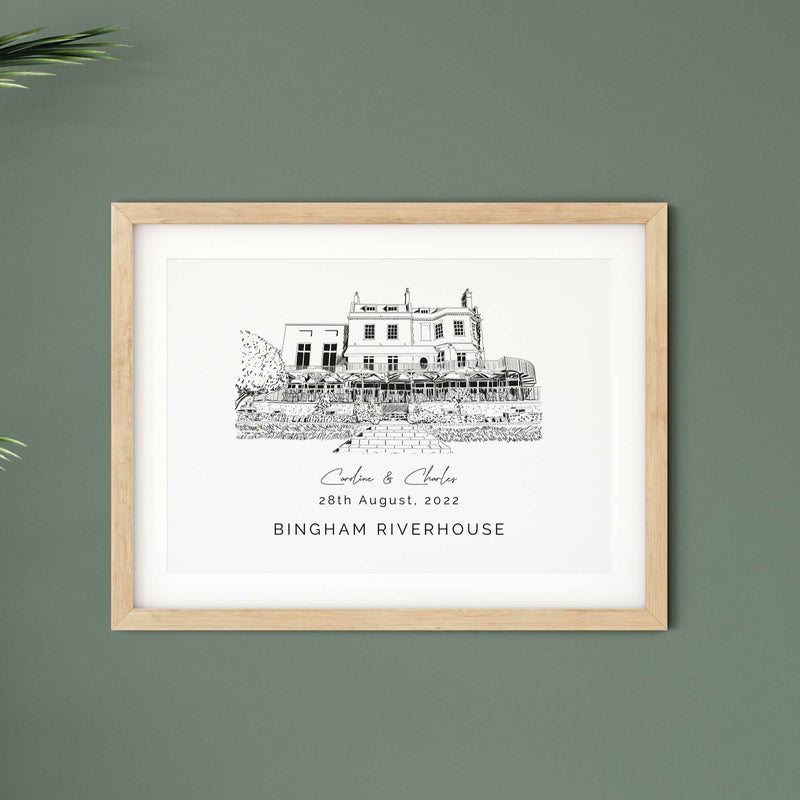 Bingham River House, Personalised Wedding Venue Illustration Print.