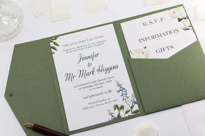 luxuryweddinginvitationsbycombossa Pocketfold Wedding Invitation Botanic Wedding Invitation in Olive Green Pocketfold Wallet