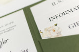 luxuryweddinginvitationsbycombossa Pocketfold Wedding Invitation Botanic Wedding Invitation in Olive Green Pocketfold Wallet