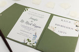 luxuryweddinginvitationsbycombossa Pocketfold Wedding Invitation Botanic Wedding Invitation in Olive Green Pocketfold Wallet