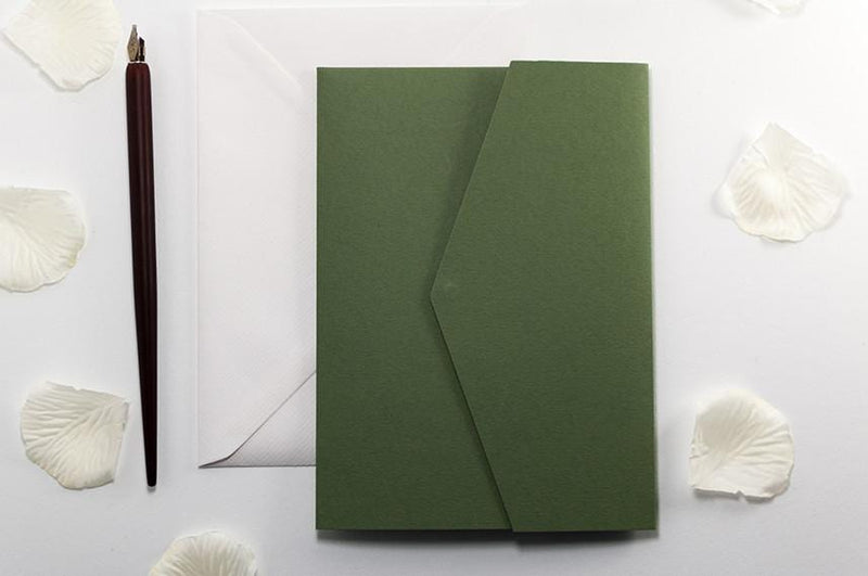 luxuryweddinginvitationsbycombossa Pocketfold Wedding Invitation Botanic Wedding Invitation in Olive Green Pocketfold Wallet