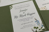 luxuryweddinginvitationsbycombossa Pocketfold Wedding Invitation Botanic Wedding Invitation in Olive Green Pocketfold Wallet