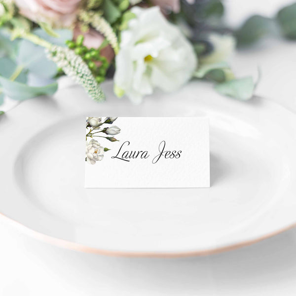 Botanical White Rose Wedding Place Card