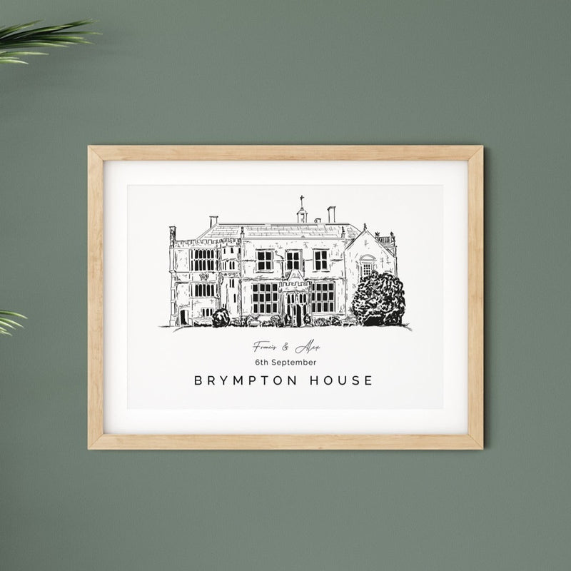 Brympton House, Personalised Wedding Venue Illustration Print.