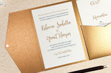 luxuryweddinginvitationsbycombossa Pocketfold Wedding Invitation Calligraphy Wedding Invitation in Antique Gold Pocketfold Wallet