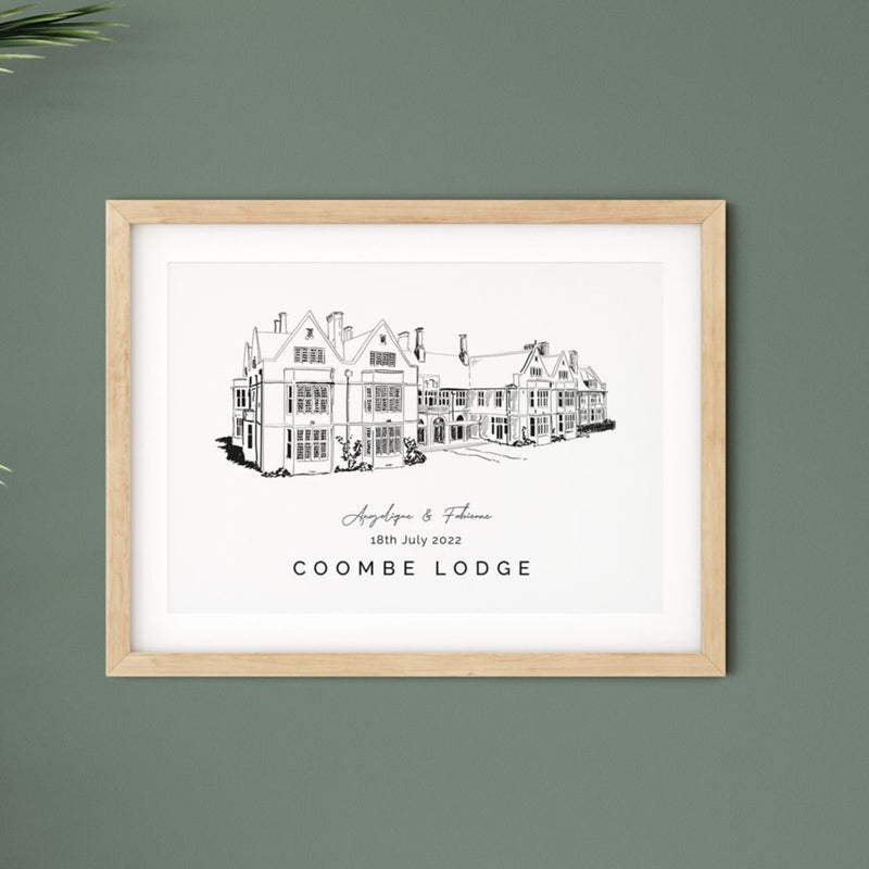 Coombe Lodge, Personalised Wedding Venue Illustration Print.