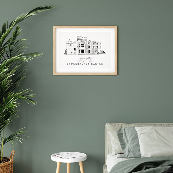 Crossbasket Castle, Personalised Wedding Venue Illustration Print.