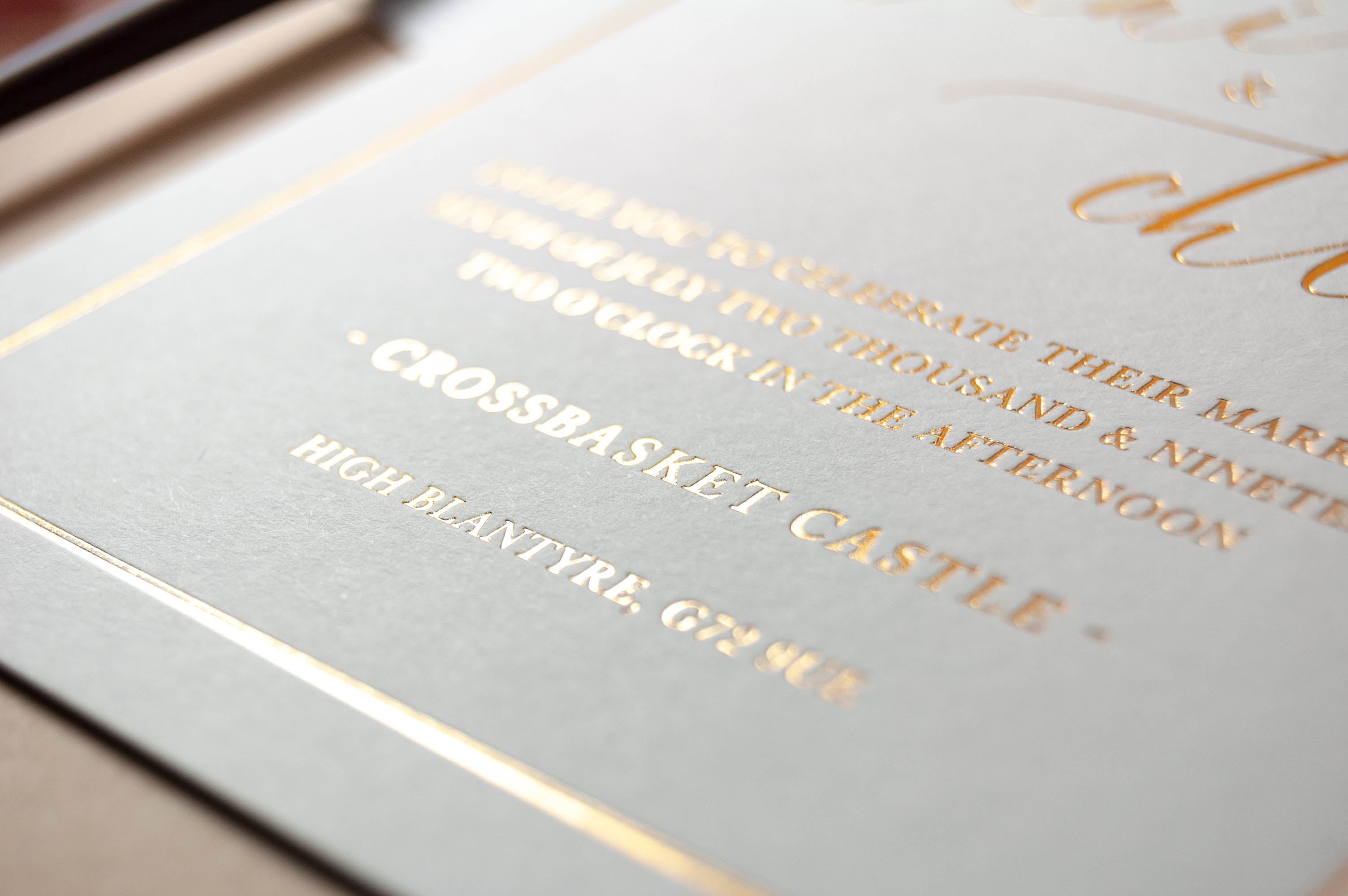 Foil Embossed Wedding Invitation, Crossbasket Castle with Modern Calli