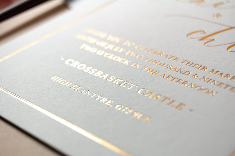 Foil Embossed Wedding Invitation, Crossbasket Castle with Modern Calligraphy
