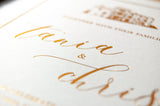 Foil Embossed Wedding Invitation, Crossbasket Castle with Modern Calligraphy