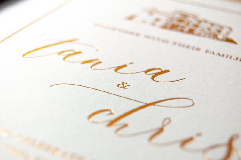 Foil Embossed Wedding Invitation, Crossbasket Castle with Modern Calligraphy